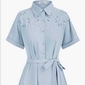 V Neck,Casual Short Sleeve Tie Waist A-Line Beach Mini Dress Light Blue